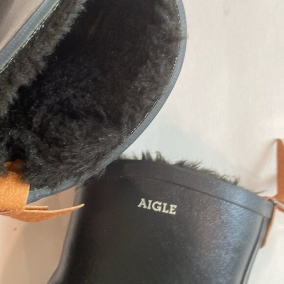 Aigle Miss Juliette Ankle Rain Boots Size 6 Black Faux Fur Lined Boots - Picture 4 of 12